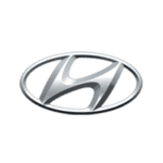 A silver hyundai logo on top of a green background.