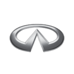 A silver infiniti logo on top of a green background.