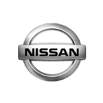 A silver nissan logo on top of a green background.